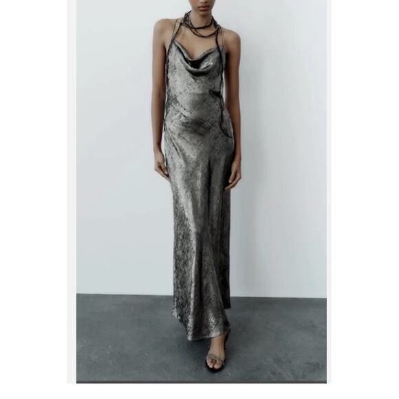 Zara Silver Metallic Satin Cowl Neck Slip Dress Medium - Picture 1 of 11